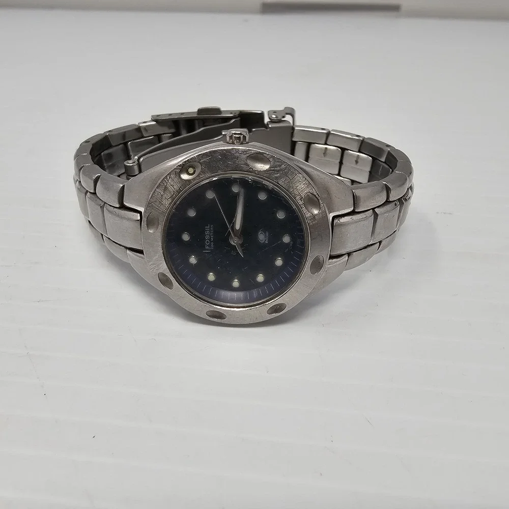 Fossil Watch Women 30mm PR-5099 Silver Tone Blue Checkered Dial New Battery 7
